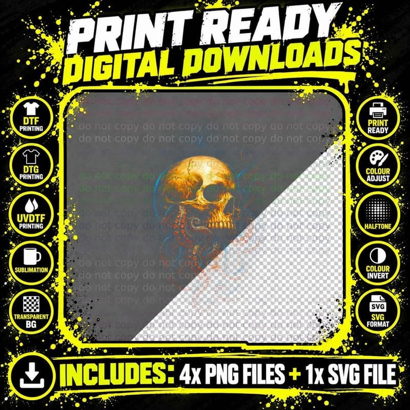 Skull Tentacles Horror T-Shirt, Dark Art Print Png SVG Digital Bundle
