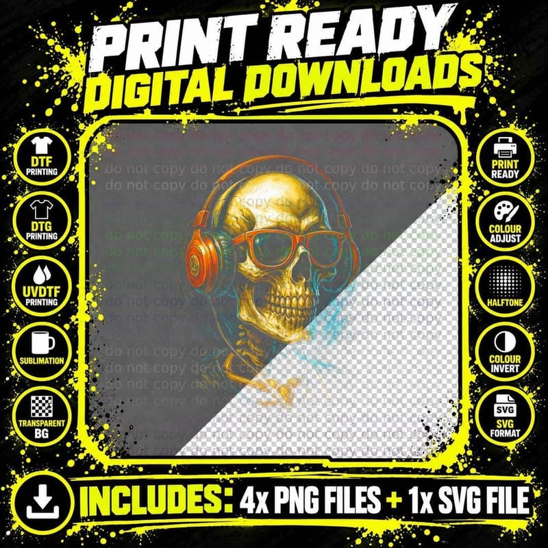 Skull with Headphones T-Shirt, Gothic Style Png SVG Digital Bundle