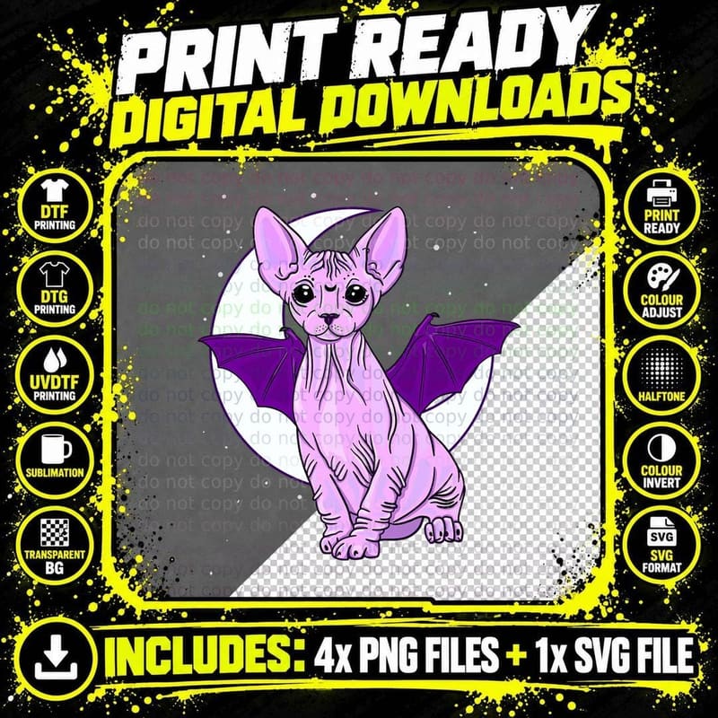Sphynx Cat Bat Cute Pastel Goth Creepy Gothic Witchy Png SVG Digital Bundle
