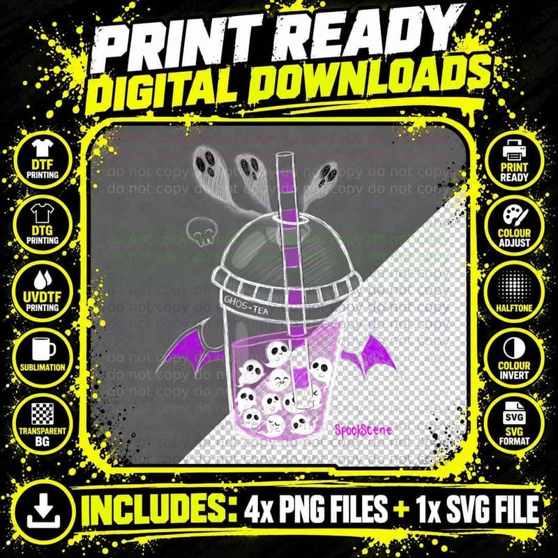Spookscene Ghos-Tea Spooky Boba Emo Goth Alt Purple Png SVG Digital Bundle