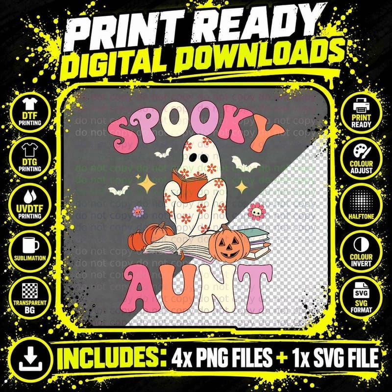 Spooky Aunt Retro Groovy Floral Ghost Halloween Costume Png SVG Digital Bundle