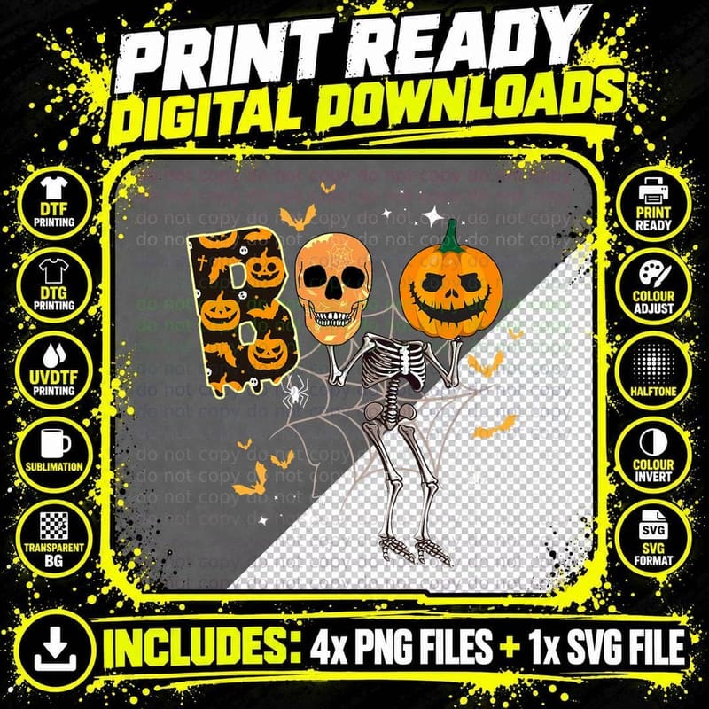 Spooky Boo Dancing Skeleton Skull Scary Pumpkin Png SVG Digital Bundle