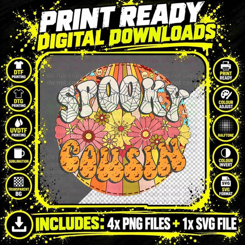 Spooky Cousin Retro Matching Family Groovy Halloween Png SVG Digital Bundle