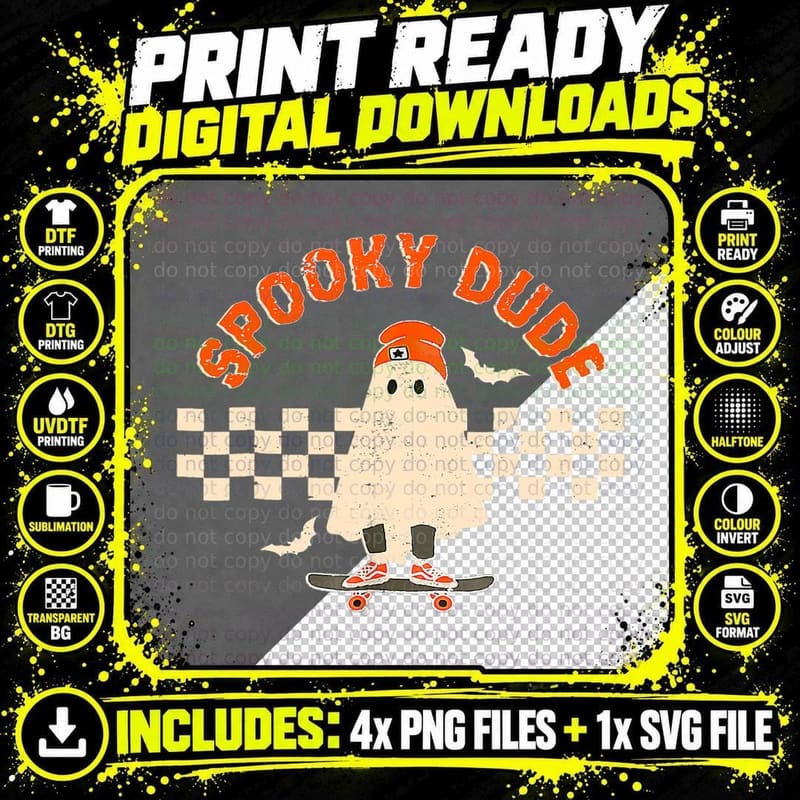 Spooky Dude Funny Ghost Skateboard Boys Retro Halloween Png SVG Digital Bundle