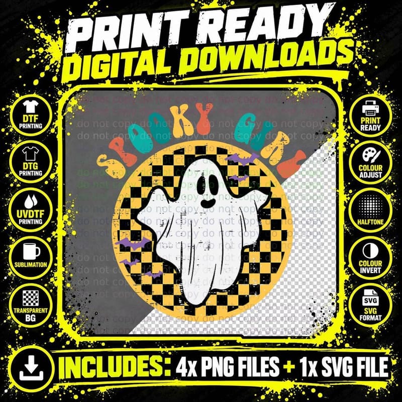 Spooky Ghost Girl Groovy Retro 70s Halloween Costume Png SVG Digital Bundle