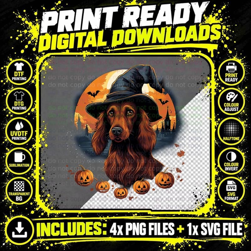 Spooky Irish Setter Dog Witch Halloween T-Shirt Png SVG Digital Bundle