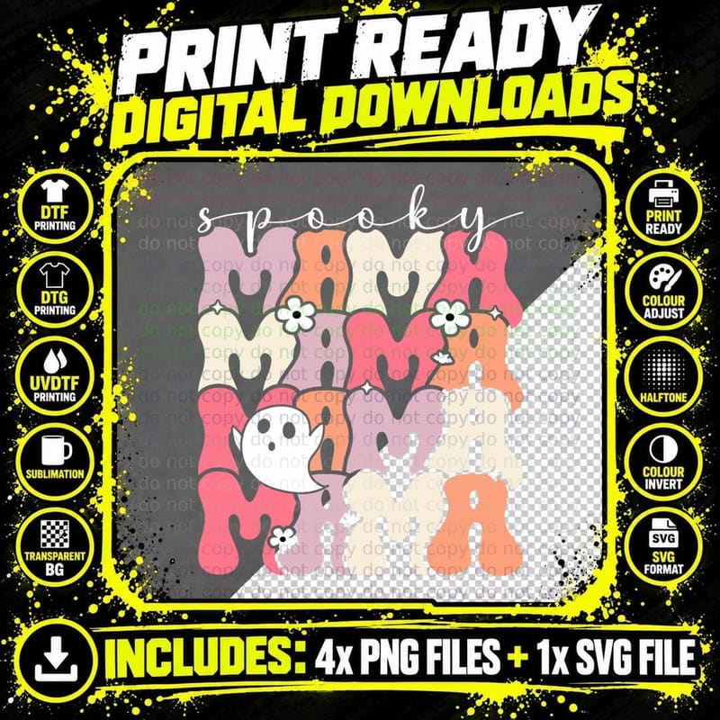 Spooky Mama Funny Mom Halloween Ghost Witch Bat T-Shirt Png SVG Digital Bundle