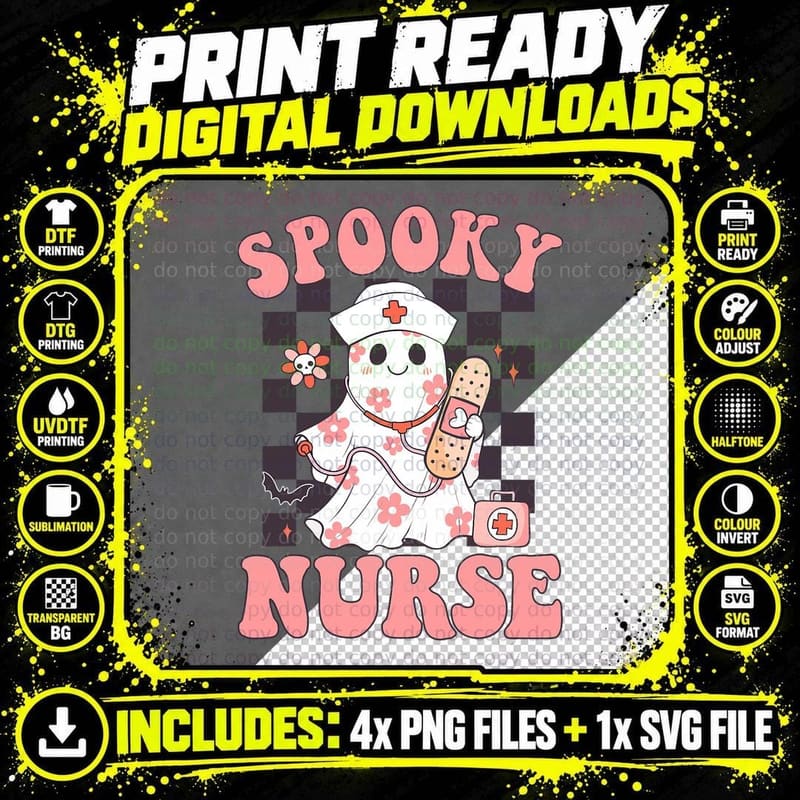 Spooky Nurse Floral Cute Ghost Nurse Groovy Halloween Png SVG Digital Bundle