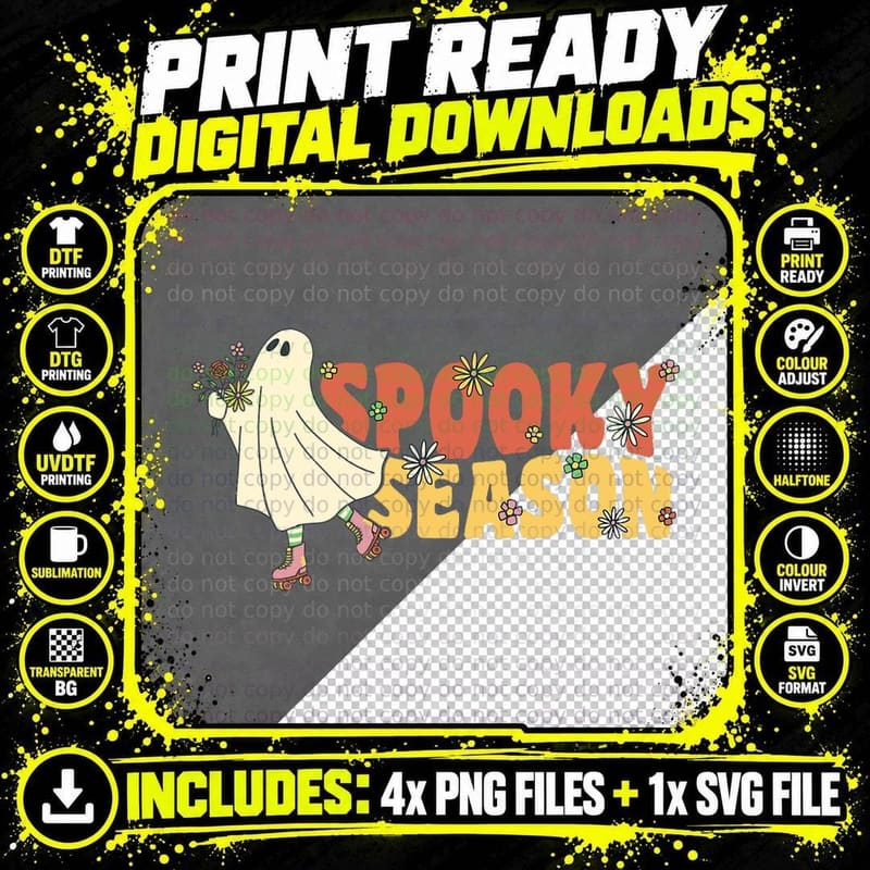 Spooky Season Groovy Ghost with Vintage Flowers Png SVG Digital Bundle