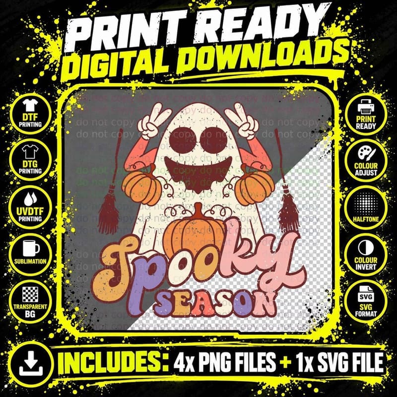 Spooky Season Halloween Groovy Vintage Funny Ghost Png SVG Digital Bundle