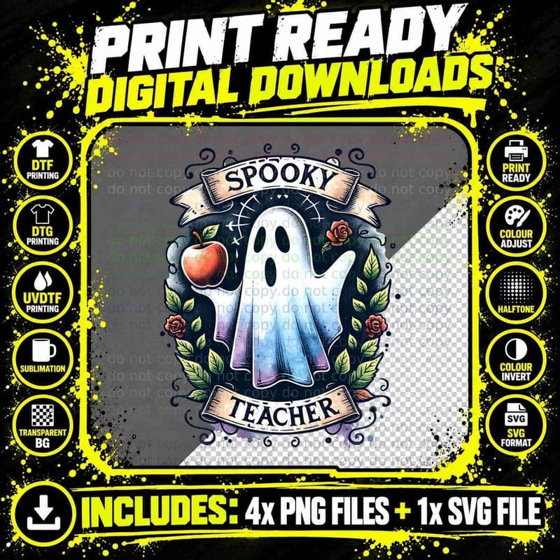 Spooky Teacher Ghost with Apple, Retro Vintage, Cozy Png SVG Digital Bundle