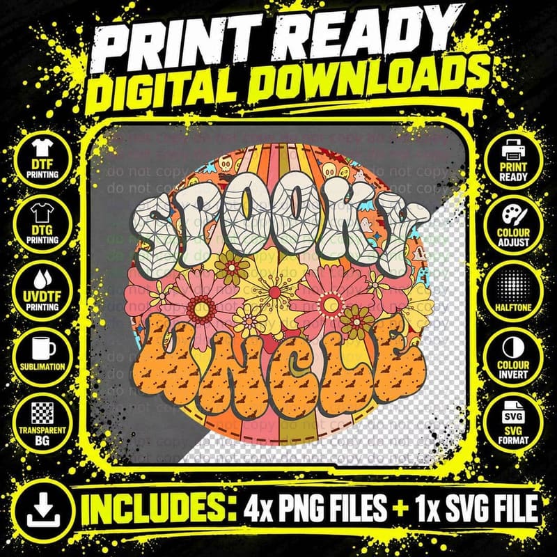 Spooky Uncle Retro Matching Family Groovy Halloween Png SVG Digital Bundle