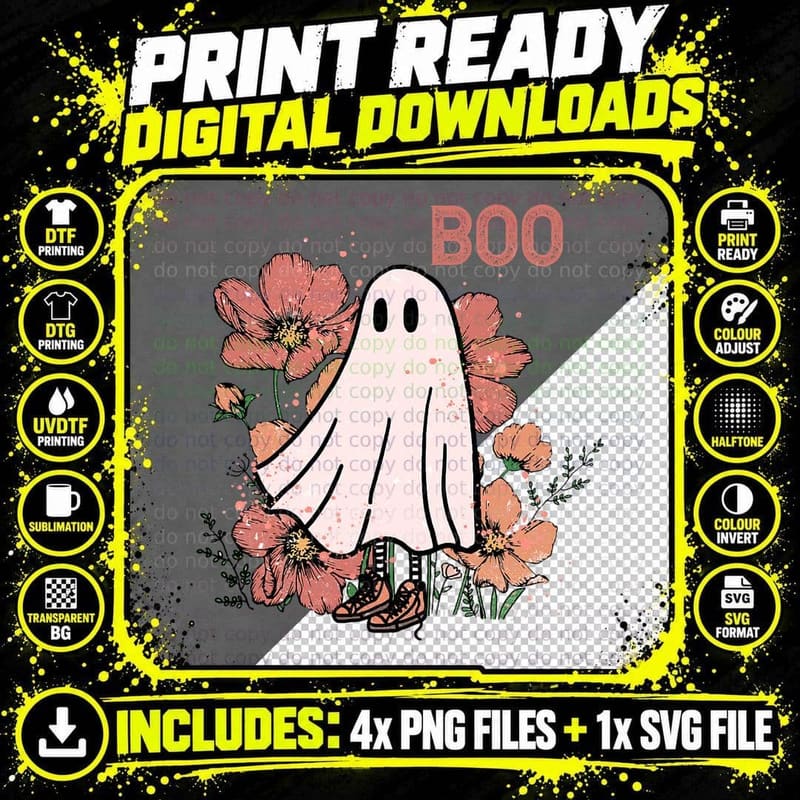 Spooky Vibes Halloween Groovy Vintage Floral Ghost Png SVG Digital Bundle