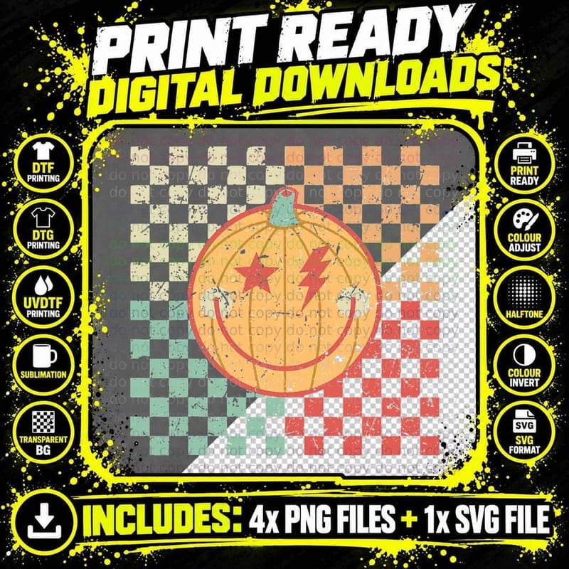 Spooky Vibes Pumpkin Smile Face Retro Groovy Halloween Png SVG Digital Bundle