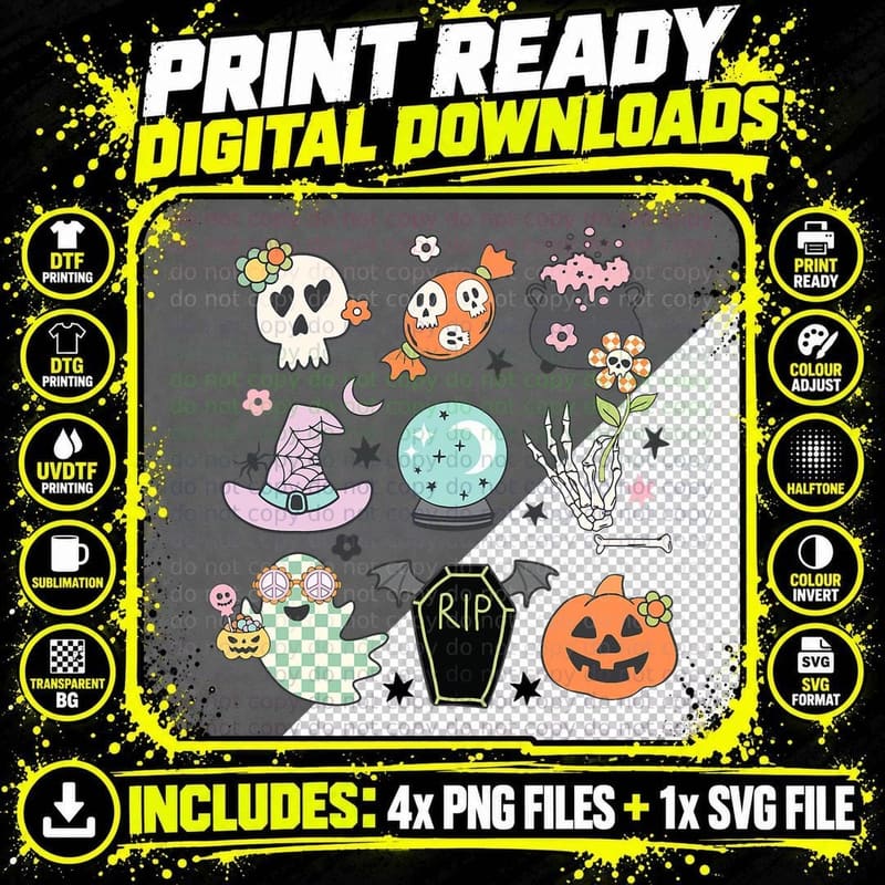 Spooky Vibes Retro Halloween Ghost Skeleton Skull Png SVG Digital Bundle