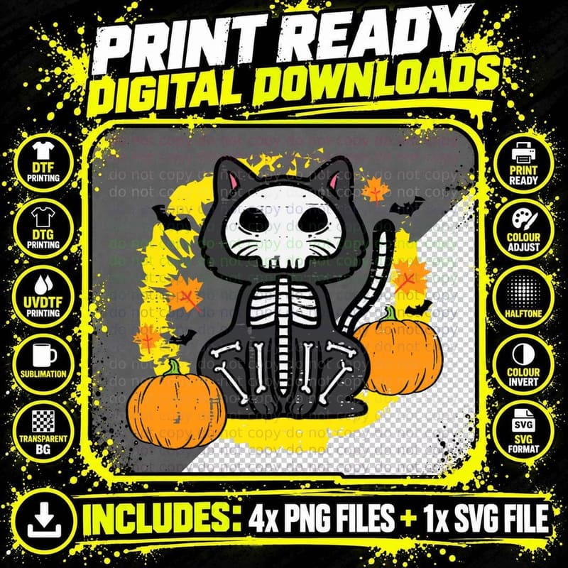 Sugar Skull Black Cat Pumpkin Retro Halloween Women Png SVG Digital Bundle
