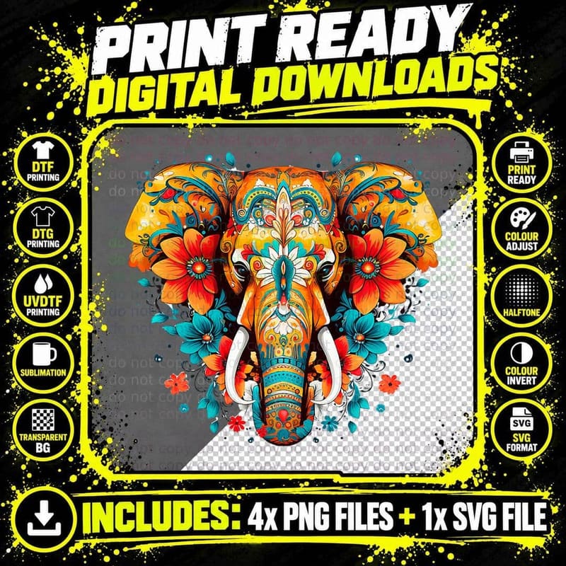 Sugar Skull Halloween Elephant Flowers Graphic Png SVG Digital Bundle