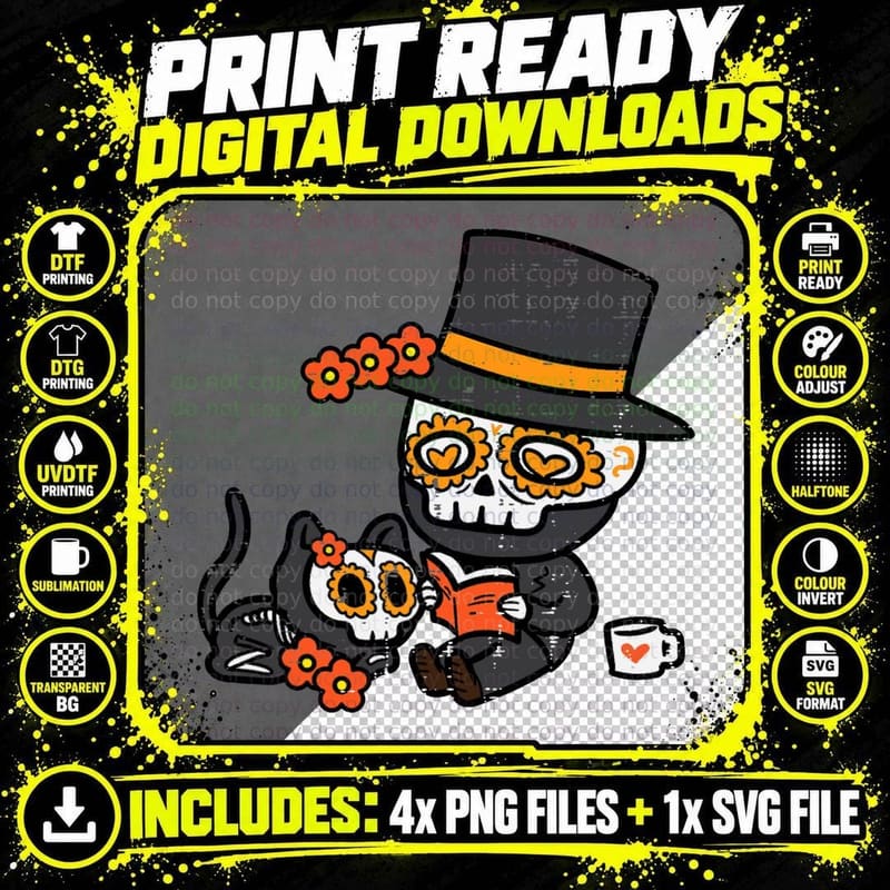 Sugar Skull Man Boy Black Cat Book Retro Vintage Png SVG Digital Bundle