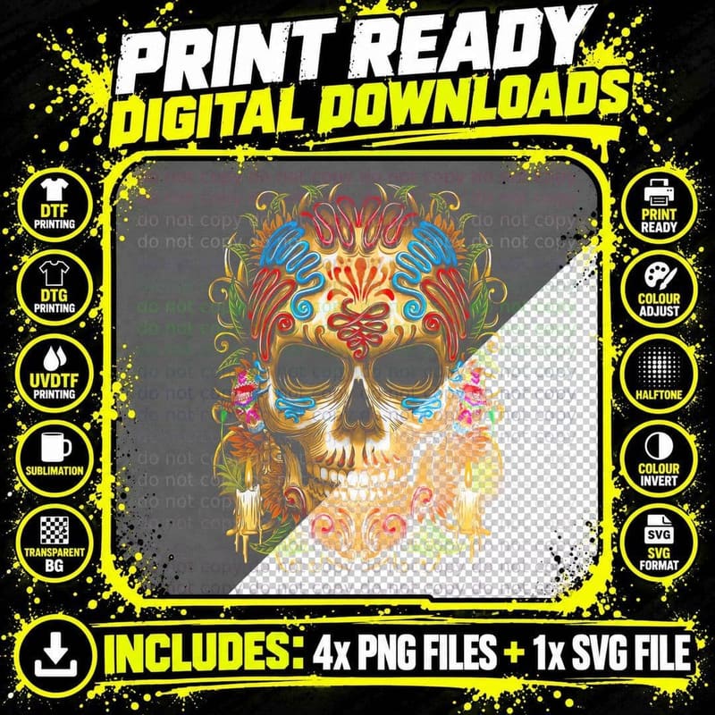 Sugar Skull T-Shirt, Day of the Dead, Halloween Costume Png SVG Digital Bundle