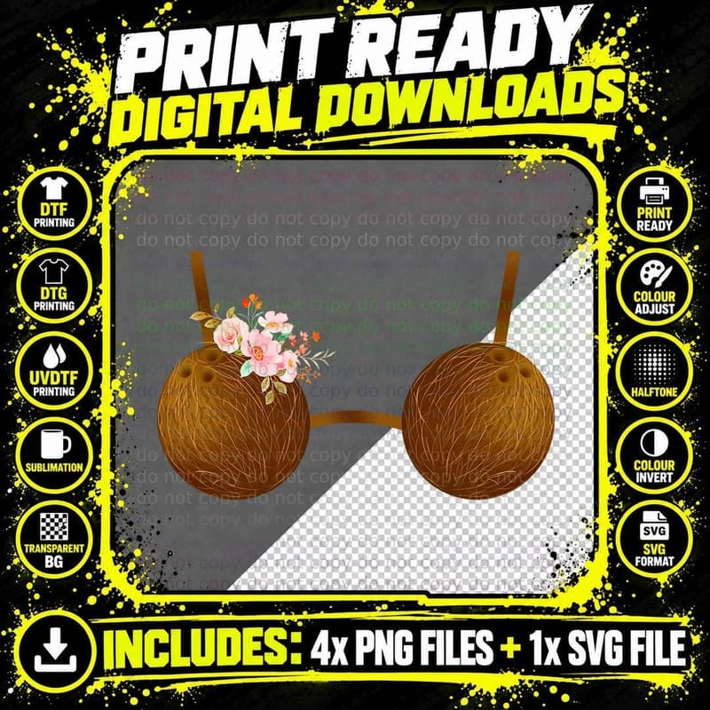 Summer Coconut Bra Halloween Costume Coconut Flowers Bra Png SVG Digital Bundle
