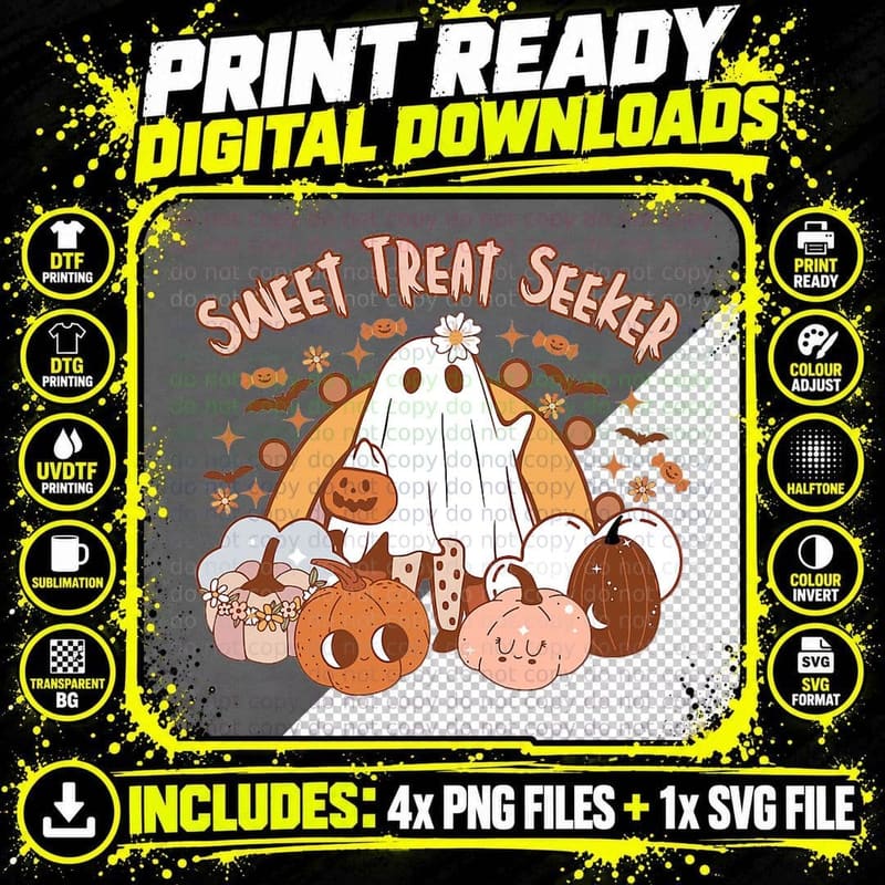 Sweet Treat Seeker Ghost Pumpkin Retro Funny Halloween Png SVG Digital Bundle