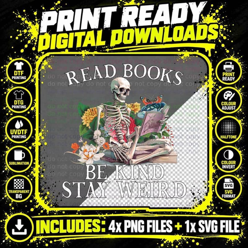 Teacher Student Librarian Read Books Skeleton Reading Png SVG Digital Bundle