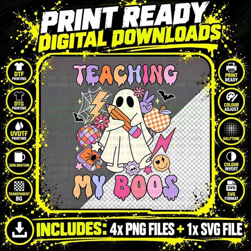 Teaching My Boos Ghost Halloween Groovy Retro Teacher's Png SVG Digital Bundle