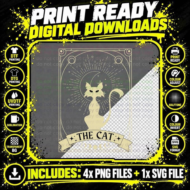 The Cat Tarot - Moon Phase Tarot - Spooky Halloween Png SVG Digital Bundle