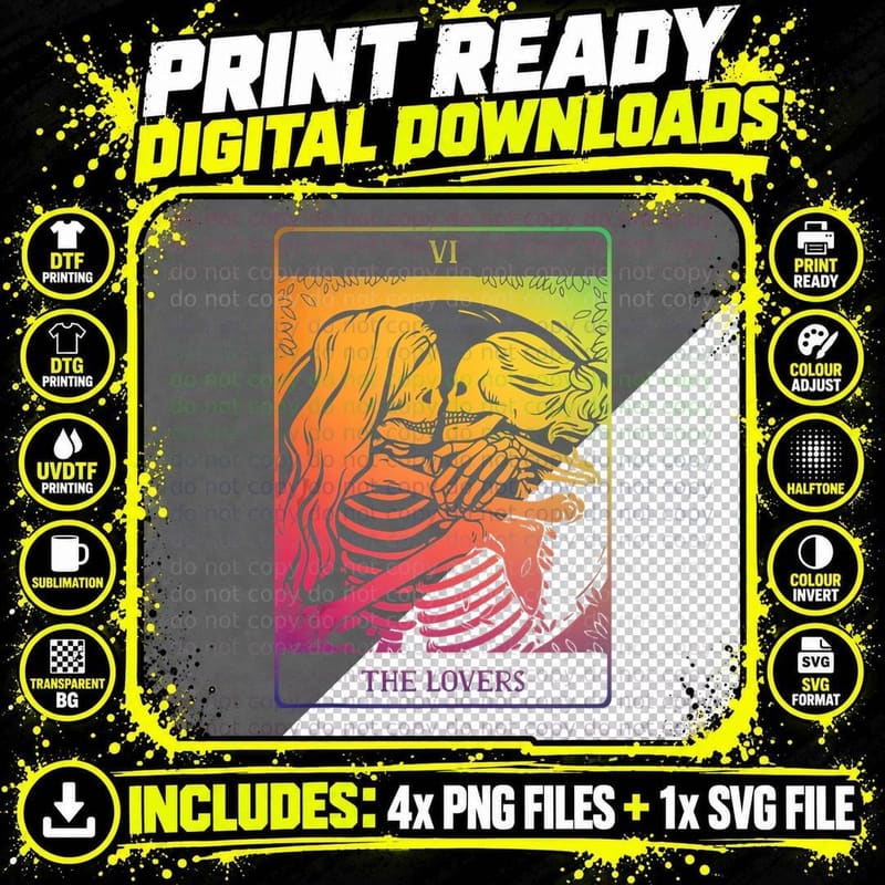 The Lovers Tarot Rainbow Occult Goth Lesbian Skeleton Png SVG Digital Bundle
