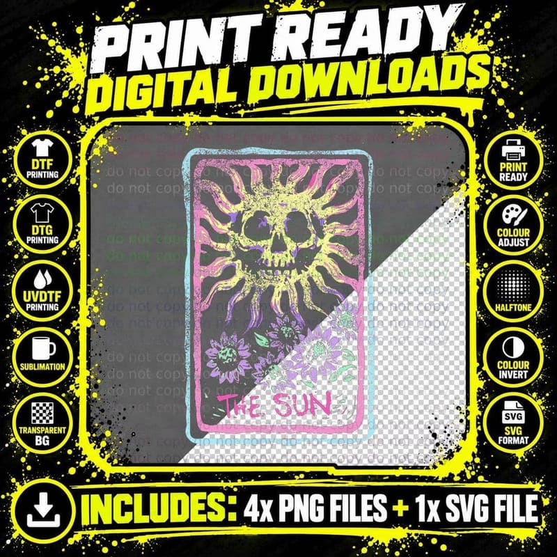 The Sun Death Tarot Card Witchcraft Pastel Goth Skeleton Png SVG Digital Bundle