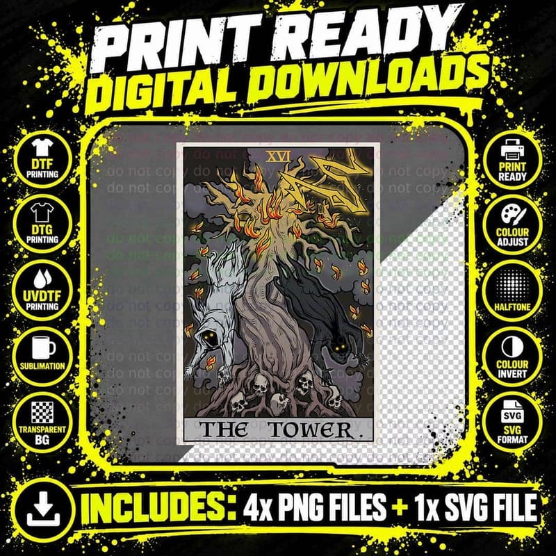 The Tower Tarot Card Halloween Tree of Life Gothic Png SVG Digital Bundle