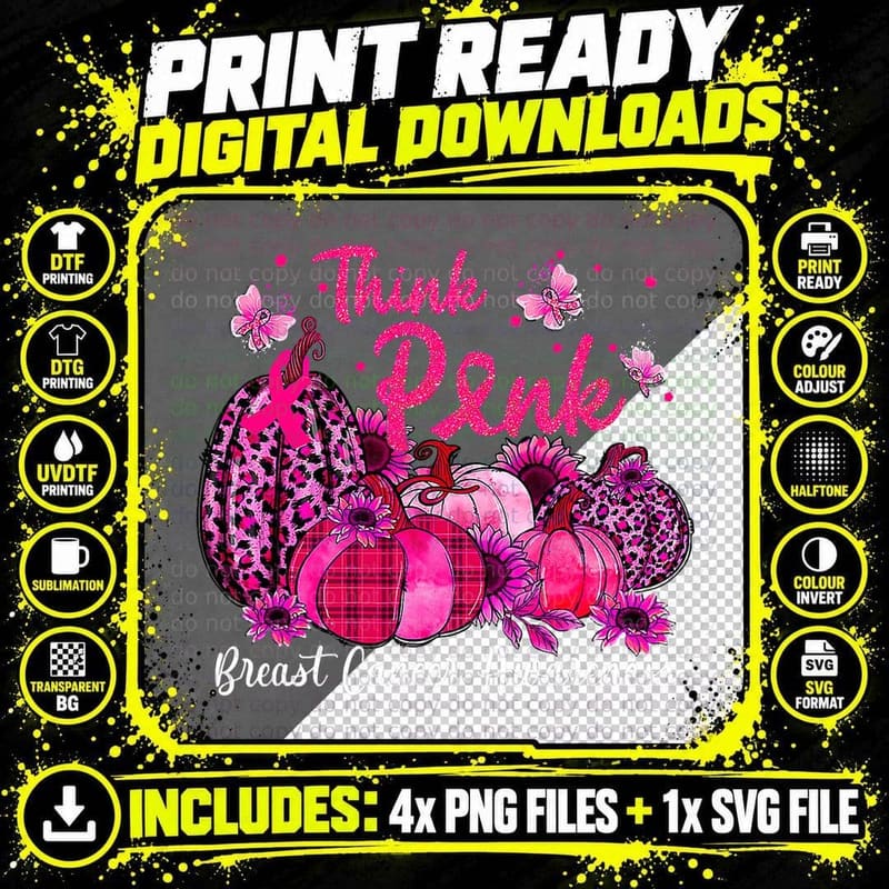 Think Pink Breast Cancer Awareness Pumpkin Leopard Png SVG Digital Bundle