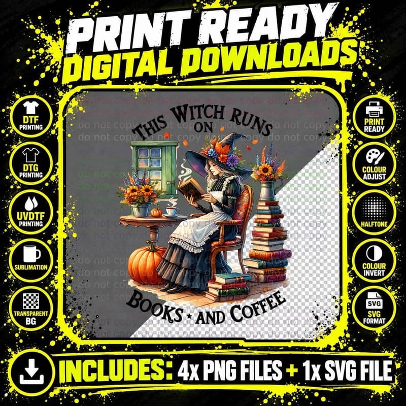 This Witch Run on Books and Coffee Watercolor, Warm Cozy Png SVG Digital Bundle