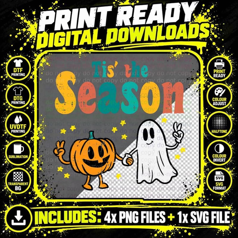Tis the Season Pumpkin Ghost Retro Groovy Vintage Png SVG Digital Bundle