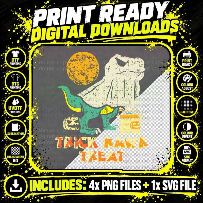 Trick Rawr Treat Dinosaur Funny Ghost Dino Vintage Png SVG Digital Bundle