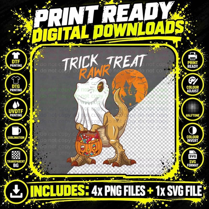 Trick Rawr Treat T Rex Dinosaur Ghost Boys Funny Png SVG Digital Bundle