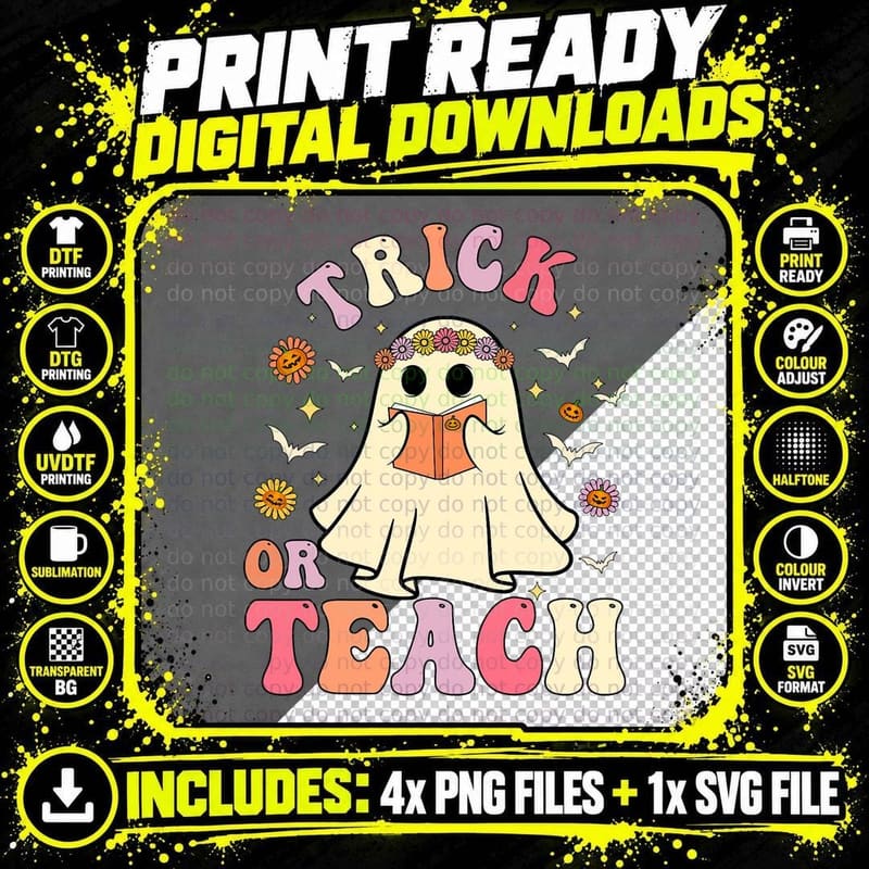 Trick or Teach Cute Ghost Teacher Retro Groovy Halloween Png SVG Digital Bundle