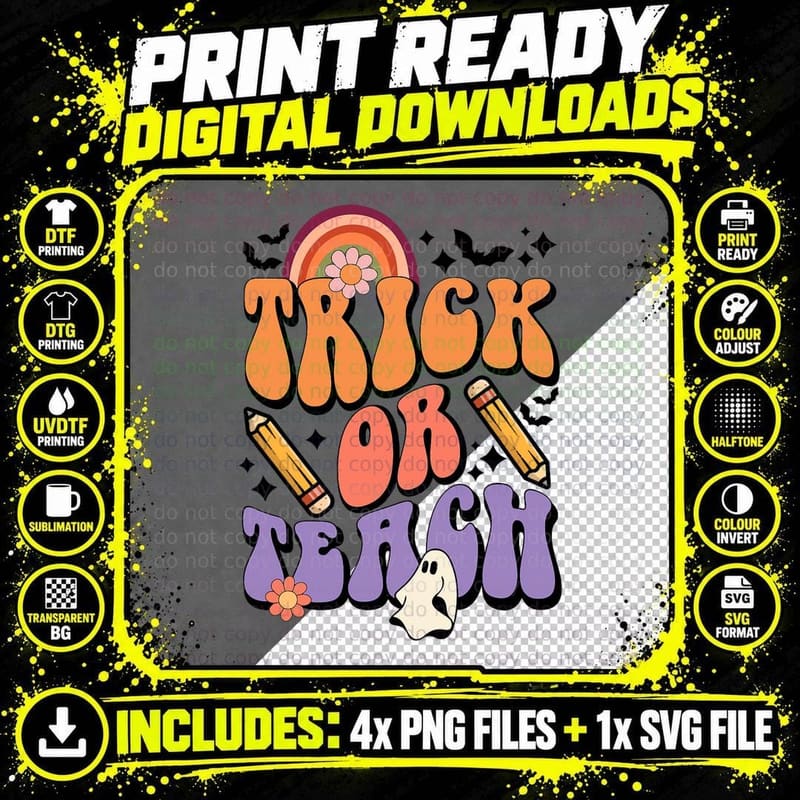 Trick or Teach Retro Fall Halloween Costumes Teachers Png SVG Digital Bundle
