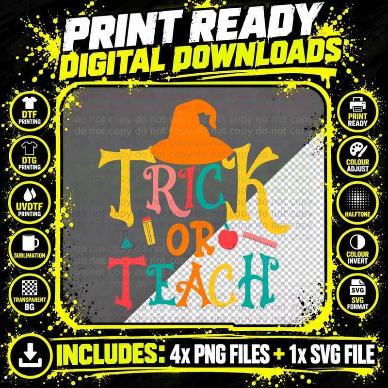 Trick or Teach Retro Halloween Teacher Costume T-Shirt Png SVG Digital Bundle