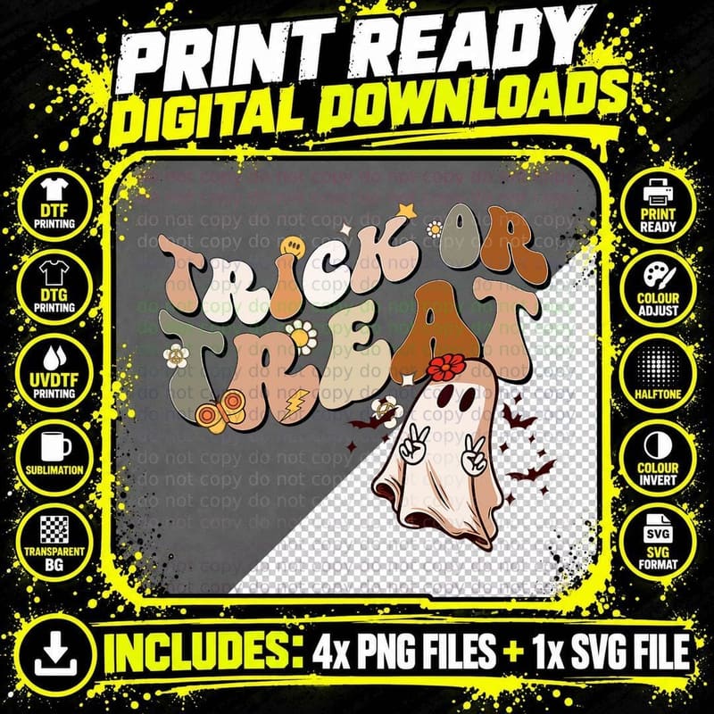 Trick or Treat Ghost Retro Halloween Spooky Season Png SVG Digital Bundle
