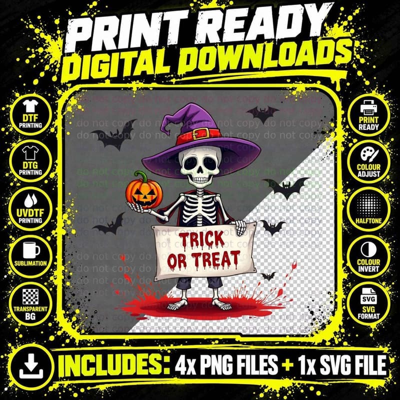 Trick or Treat Halloween Skeleton, Witch Hat Watercolor Png SVG Digital Bundle