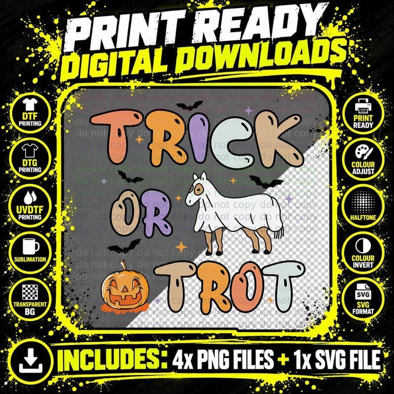 Trick or Trot Halloween Pumpkin and Cute Ghost Horse Png SVG Digital Bundle