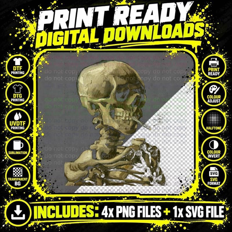 Vincent Van Gogh Skull with Cigarette Skeleton Png SVG Digital Bundle