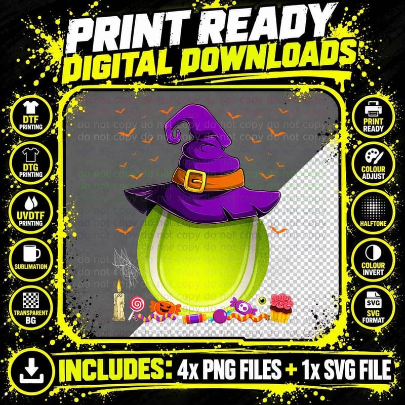 Vintage Awesome Tennis Witch Hat Halloween Tennis Player Png SVG Digital Bundle