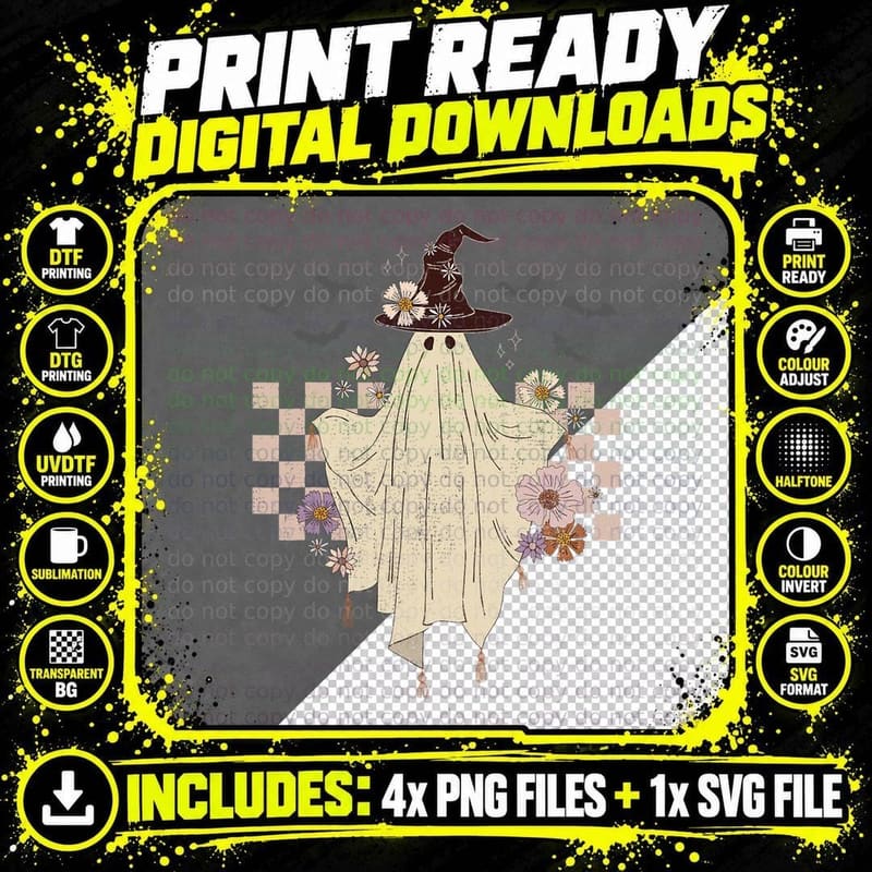 Vintage Floral Ghost Halloween Costume Men Cute Witch Png SVG Digital Bundle