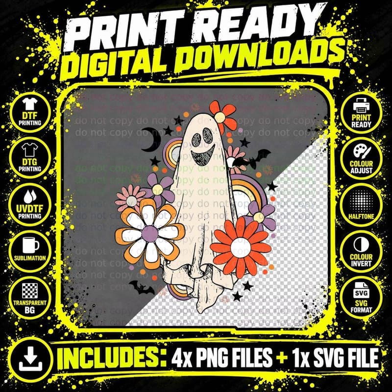 Vintage Halloween Costume Spooky Retro Cute Floral Ghost Png SVG Digital Bundle