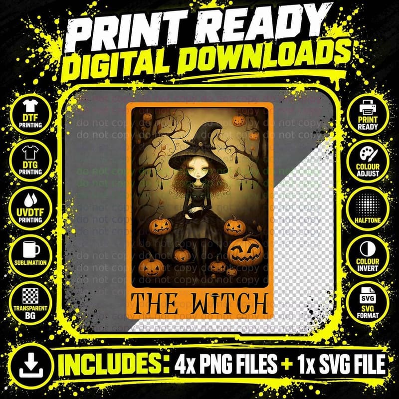 Vintage Halloween Cute Witch Black Cat the Wich Tarot Png SVG Digital Bundle