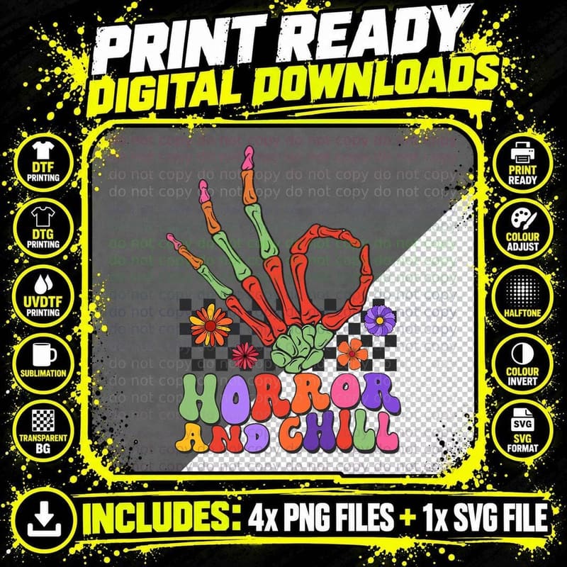 Vintage Halloween Fall Horror and Chill Skeleton Hand Png SVG Digital Bundle