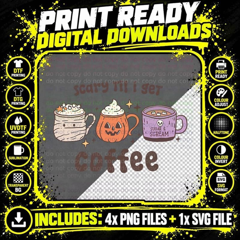 Vintage Halloween Pumpkin Witch Scary Till I Get Coffee Png SVG Digital Bundle