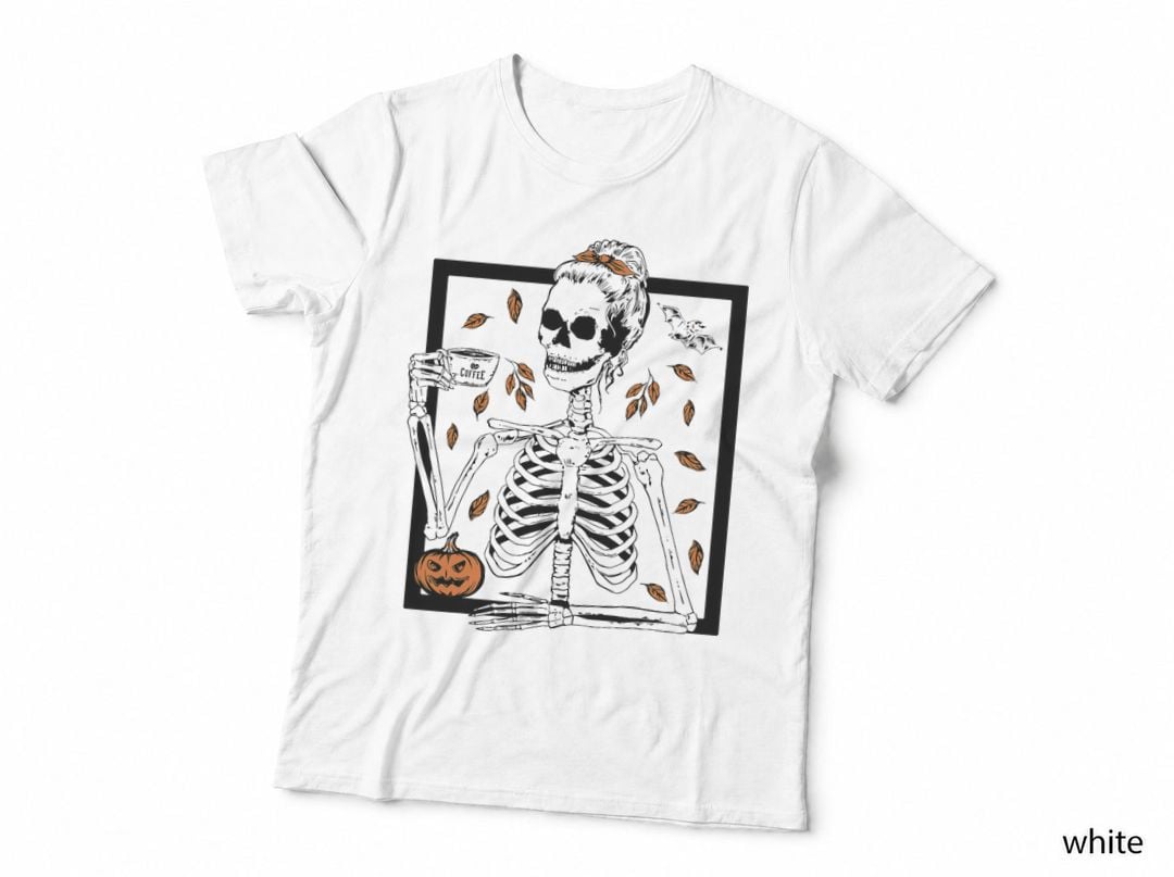 Vintage Halloween Skeleton Coffee Messy Bun Halloween Skull T-Shirt